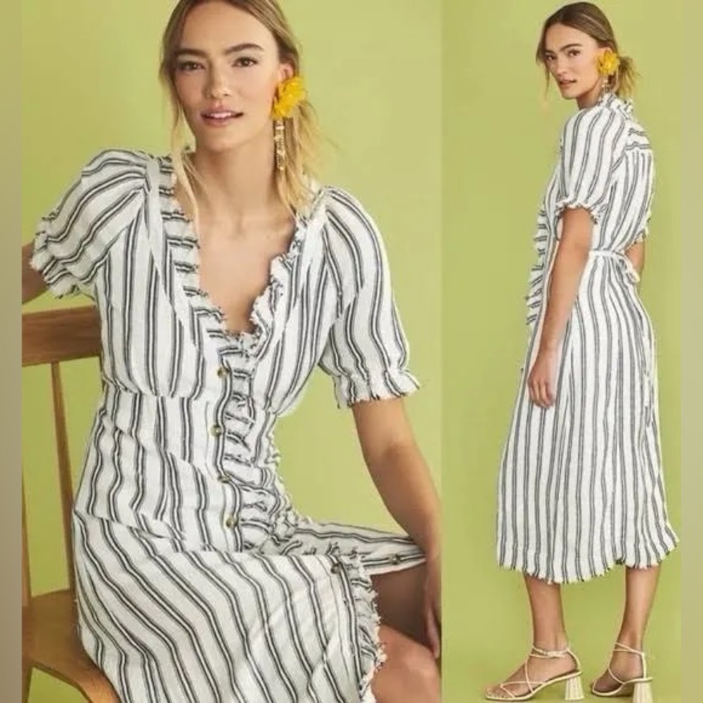 Anthropologie // Pilcro Ruffle-Collar Stripe Tie-Waist Button-Down Midi Dress